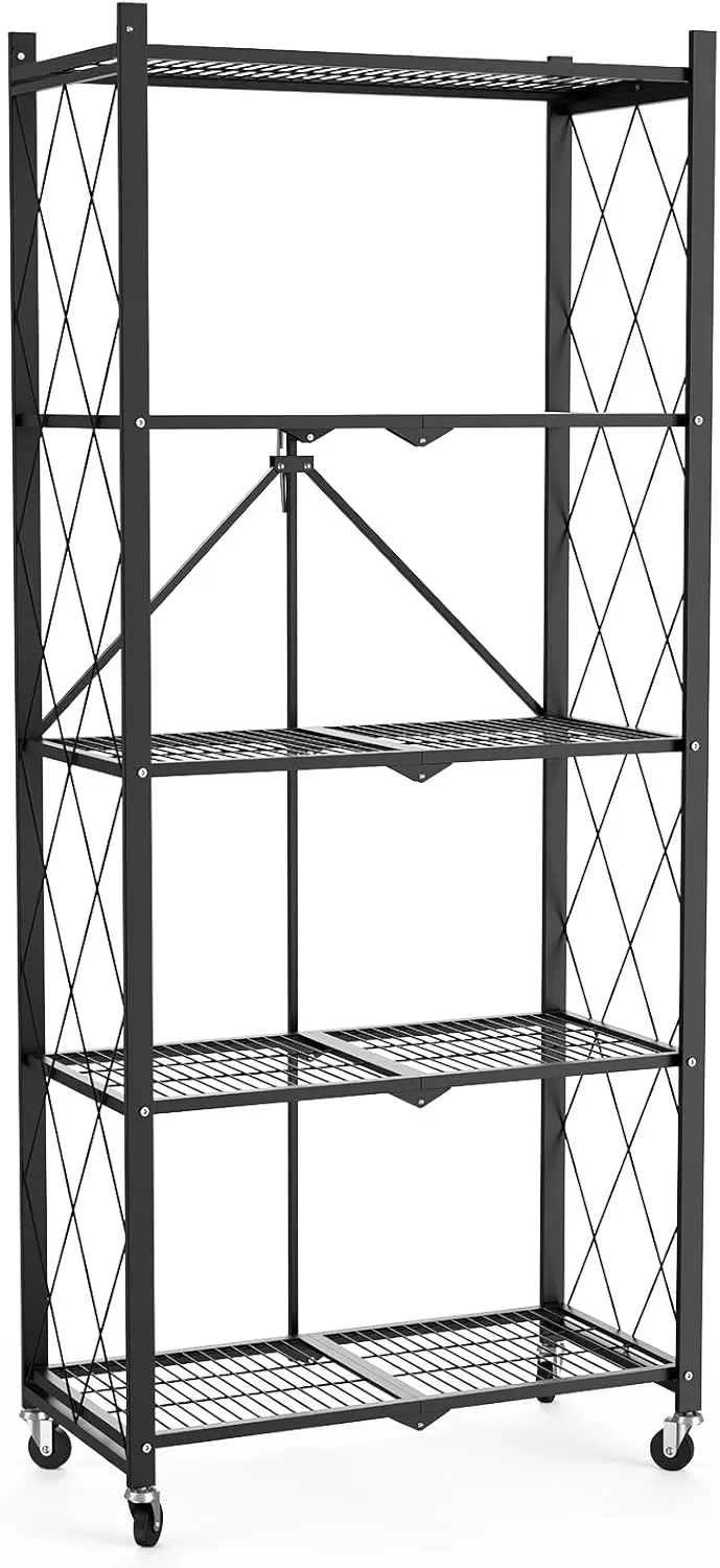 64" H 5 Tier Foldable Storage Shelf with Wheels, Folding Shelving Loads 500 LBS, Metal Steel Garage Shelves, Rolling Standing Utility Rack for Kitchen, Pantry, Office, Black