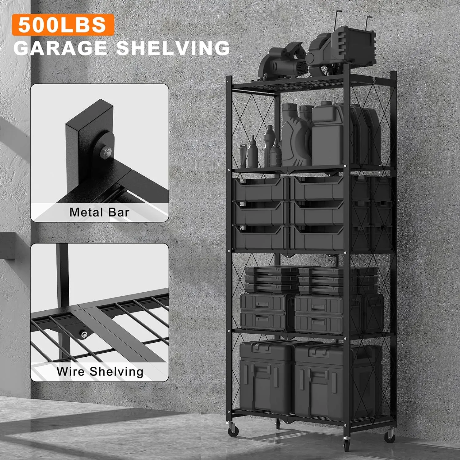 64" H 5 Tier Foldable Storage Shelf with Wheels, Folding Shelving Loads 500 LBS, Metal Steel Garage Shelves, Rolling Standing Utility Rack for Kitchen, Pantry, Office, Black