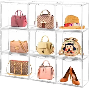 6Pack Purse Organizer for Closet Clear Acrylic Display Case Handbag Storage Organizer Box with Magnetic Door Stackable Storage Bins with Dustproof Lid for Book Toys Shoes Cosmetic Collectibles