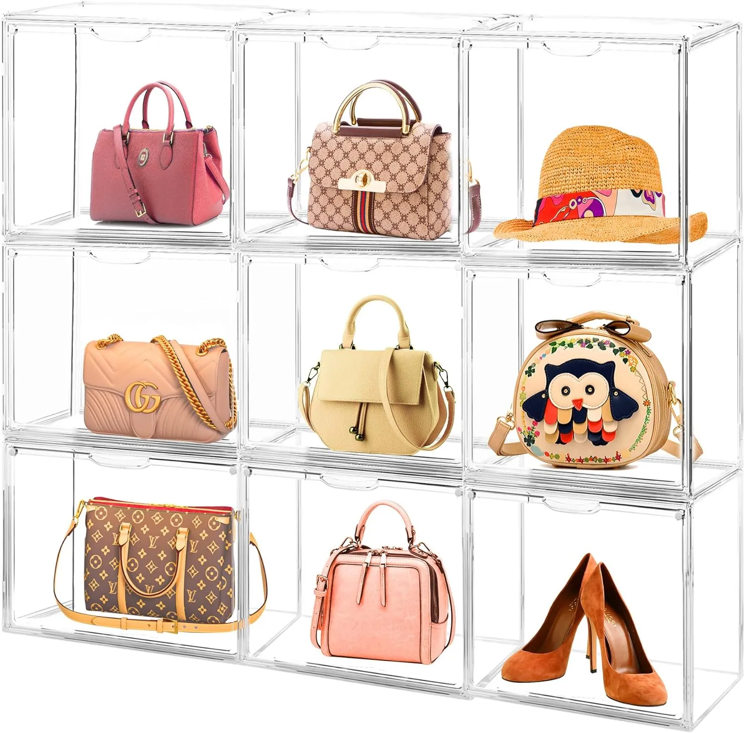 6Pack Purse Organizer for Closet Clear Acrylic Display Case Handbag Storage Organizer Box with Magnetic Door Stackable Storage Bins with Dustproof Lid for Book Toys Shoes Cosmetic Collectibles