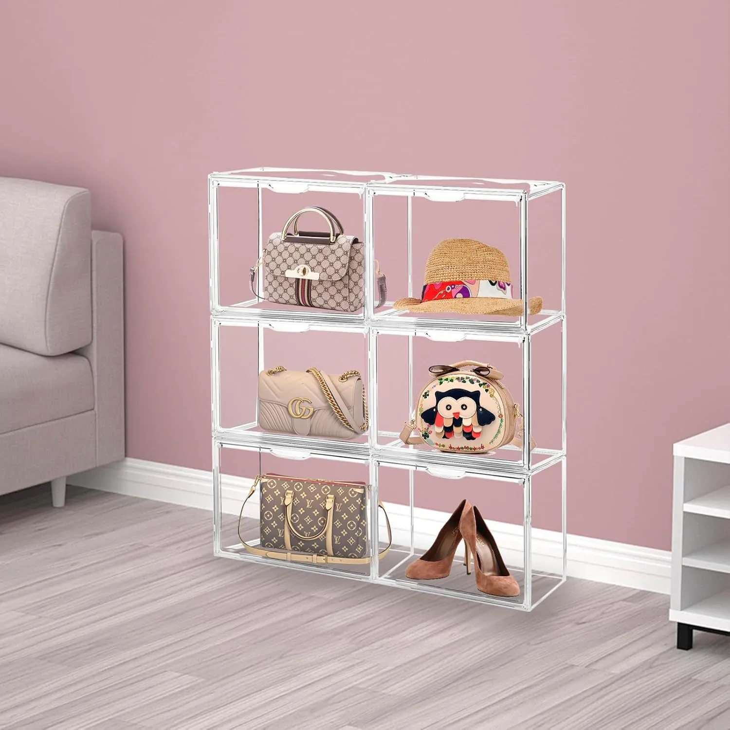 6Pack Purse Organizer for Closet Clear Acrylic Display Case Handbag Storage Organizer Box with Magnetic Door Stackable Storage Bins with Dustproof Lid for Book Toys Shoes Cosmetic Collectibles
