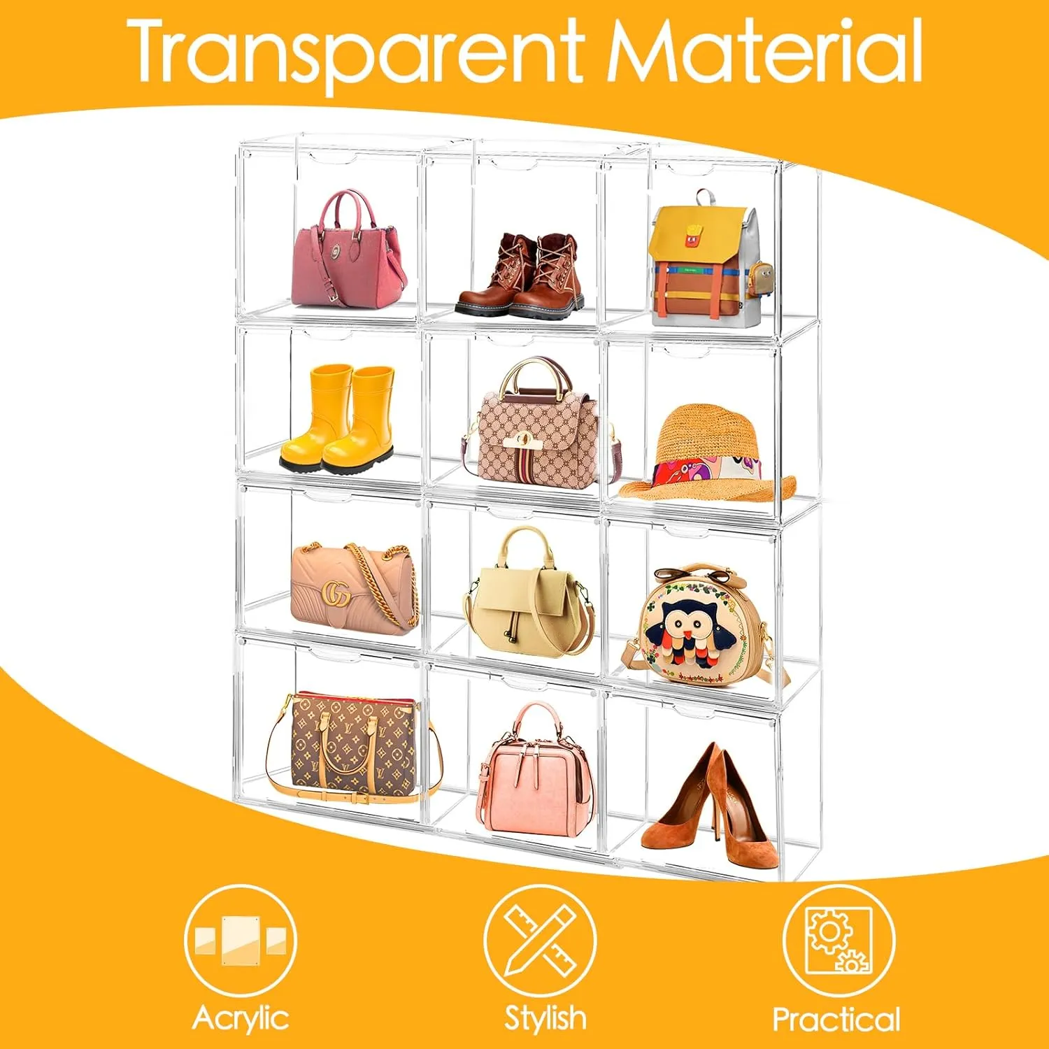 6Pack Purse Organizer for Closet Clear Acrylic Display Case Handbag Storage Organizer Box with Magnetic Door Stackable Storage Bins with Dustproof Lid for Book Toys Shoes Cosmetic Collectibles