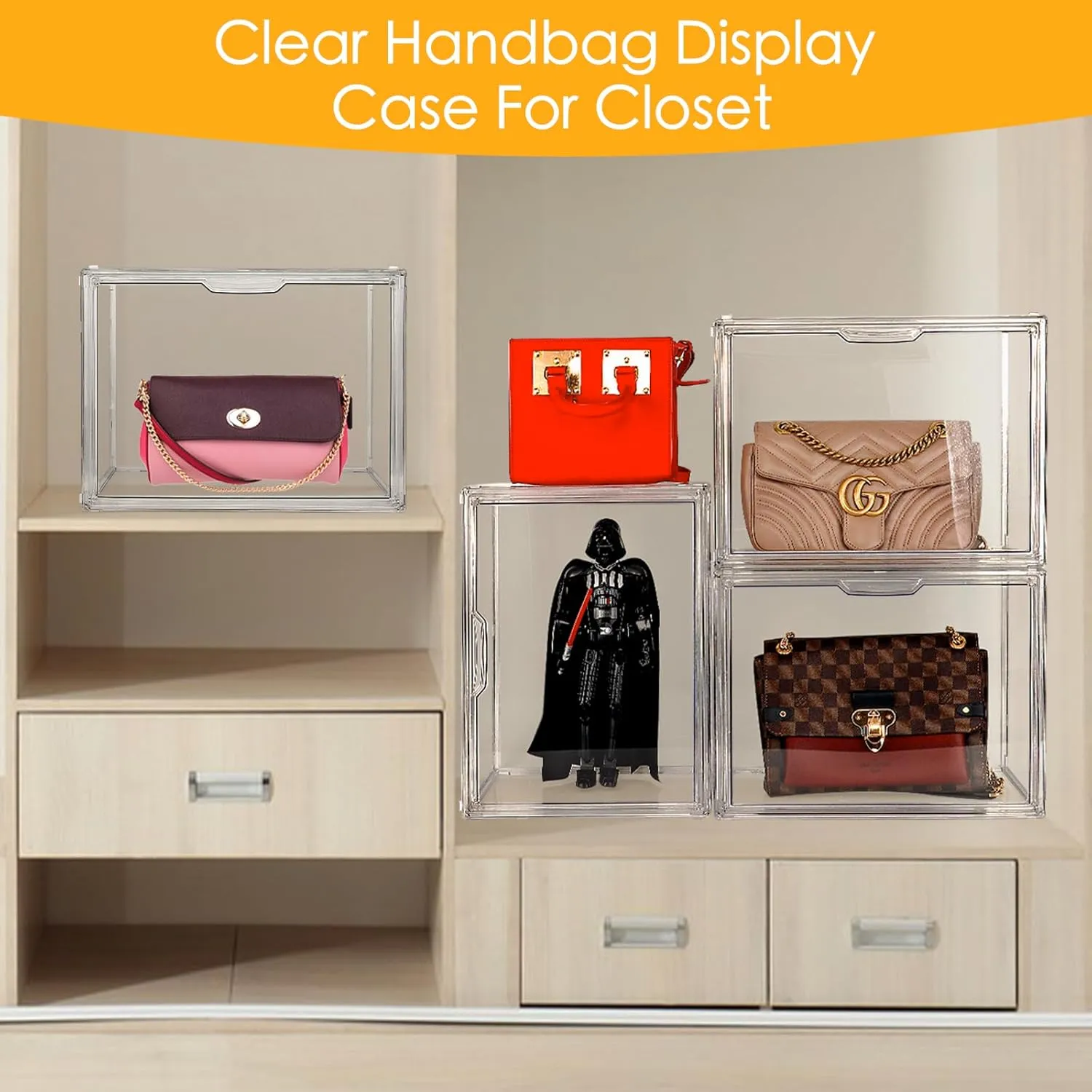 6Pack Purse Organizer for Closet Clear Acrylic Display Case Handbag Storage Organizer Box with Magnetic Door Stackable Storage Bins with Dustproof Lid for Book Toys Shoes Cosmetic Collectibles