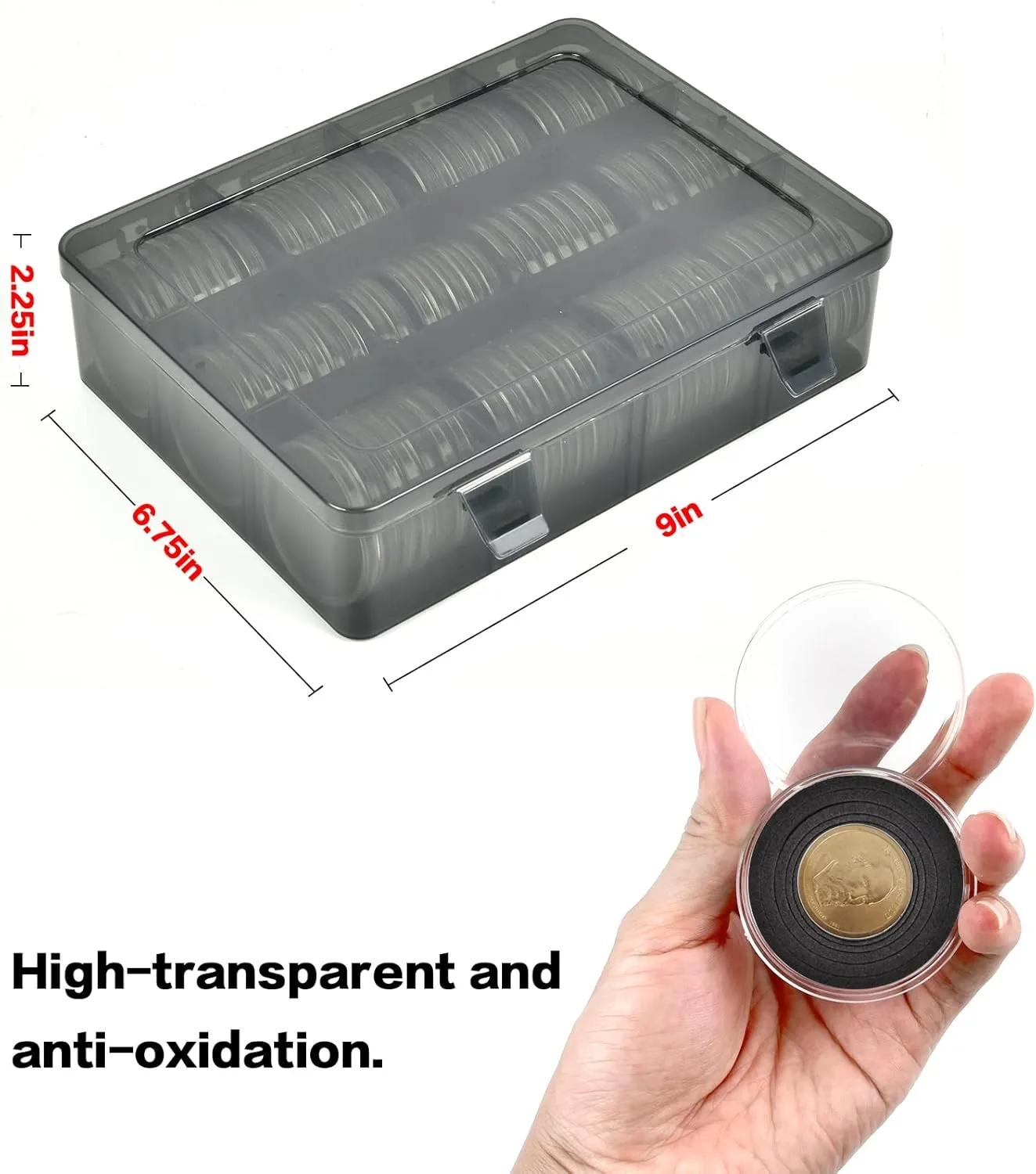 84 Pieces 46 mm Coin Capsules, with Foam Gasket and Plastic Storage Organizer Box, Coins Holder Collector Case for Coin Collection Supplies 7 Sizes (16/20/25/27/30/38/46mm)-Gray Case Black Gasket
