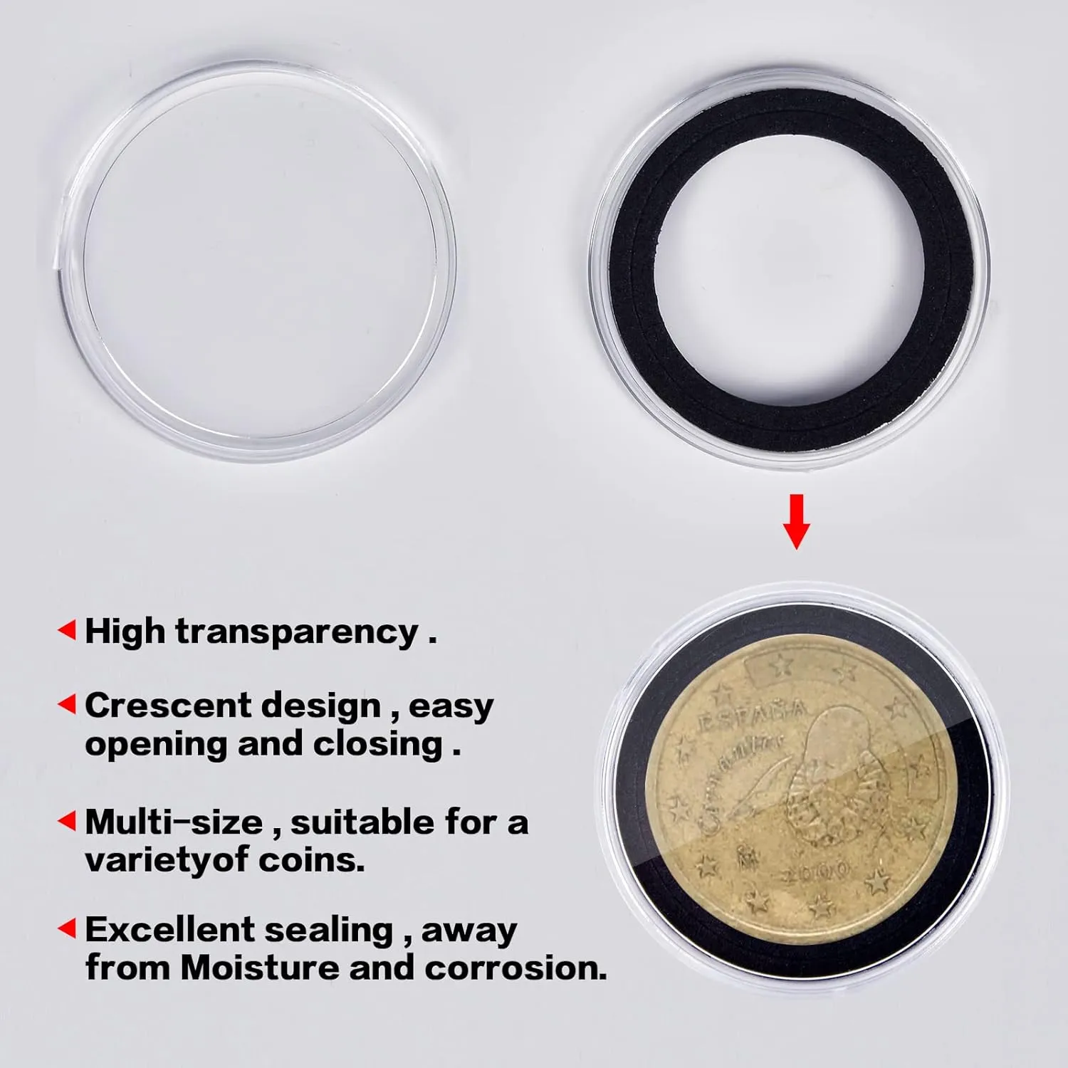 84 Pieces 46 mm Coin Capsules, with Foam Gasket and Plastic Storage Organizer Box, Coins Holder Collector Case for Coin Collection Supplies 7 Sizes (16/20/25/27/30/38/46mm)-Gray Case Black Gasket