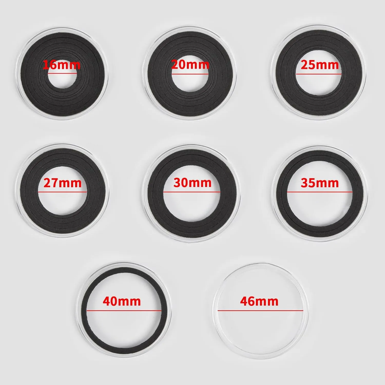 84 Pieces 46 mm Coin Capsules, with Foam Gasket and Plastic Storage Organizer Box, Coins Holder Collector Case for Coin Collection Supplies 7 Sizes (16/20/25/27/30/38/46mm)-Gray Case Black Gasket