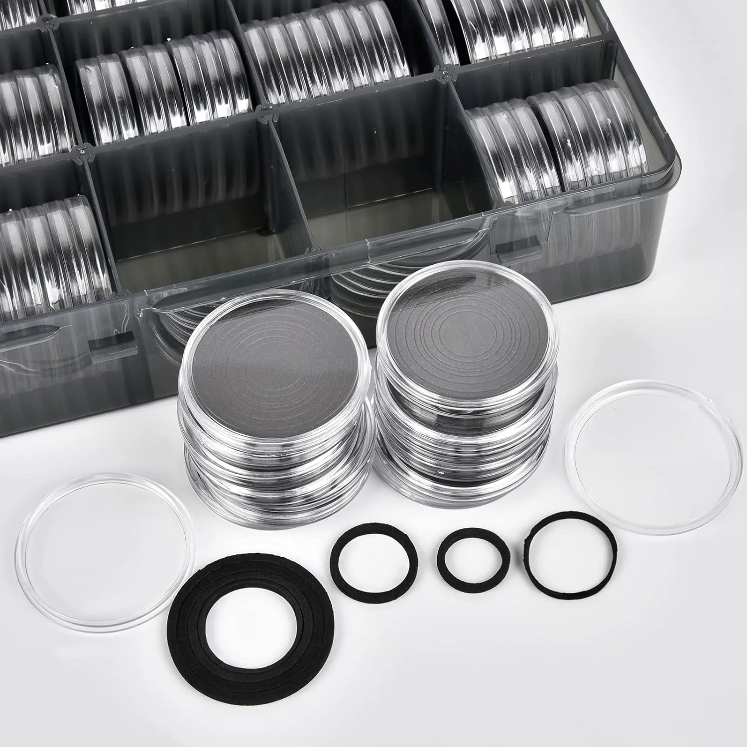 84 Pieces 46 mm Coin Capsules, with Foam Gasket and Plastic Storage Organizer Box, Coins Holder Collector Case for Coin Collection Supplies 7 Sizes (16/20/25/27/30/38/46mm)-Gray Case Black Gasket