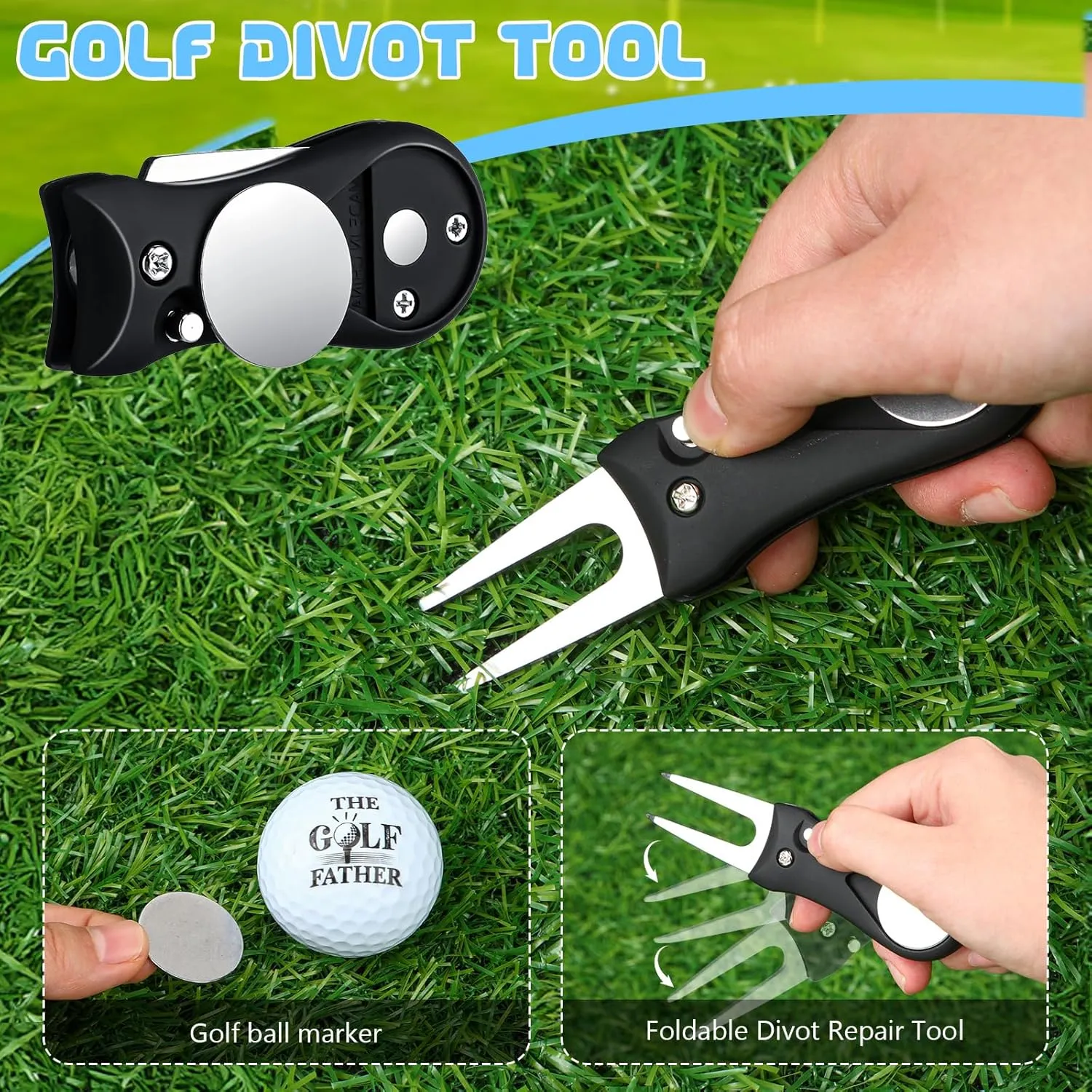 9 Pcs Golf Accessories Kit Golf Club Cleaning Kit Include Microfiber Towel, Cleaner Brush, Ball and Tee Holder, Divot Repair Tool, Ball Bag with Hook for Men Women Gifts(Black,Classic)