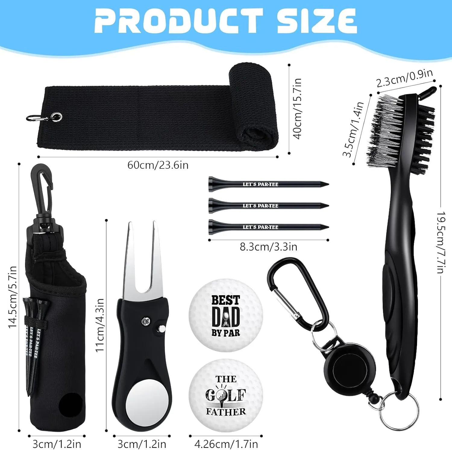9 Pcs Golf Accessories Kit Golf Club Cleaning Kit Include Microfiber Towel, Cleaner Brush, Ball and Tee Holder, Divot Repair Tool, Ball Bag with Hook for Men Women Gifts(Black,Classic)