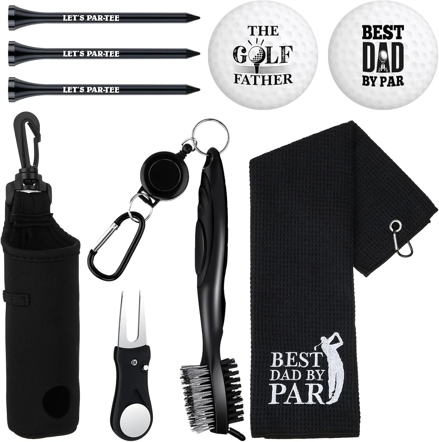 9 Pcs Golf Accessories Kit Golf Club Cleaning Kit Include Microfiber Towel, Cleaner Brush, Ball and Tee Holder, Divot Repair Tool, Ball Bag with Hook for Men Women Gifts(Black,Classic)