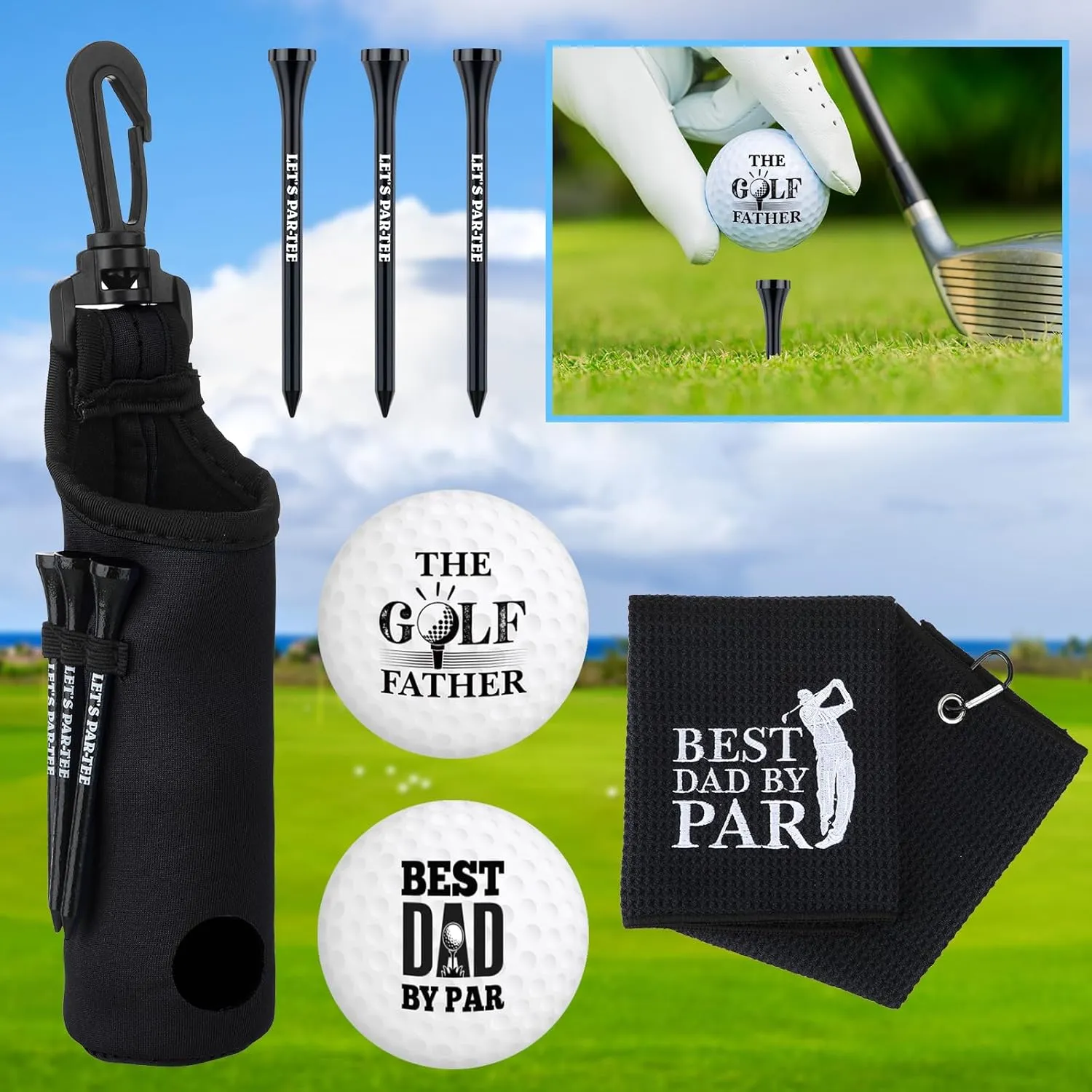 9 Pcs Golf Accessories Kit Golf Club Cleaning Kit Include Microfiber Towel, Cleaner Brush, Ball and Tee Holder, Divot Repair Tool, Ball Bag with Hook for Men Women Gifts(Black,Classic)