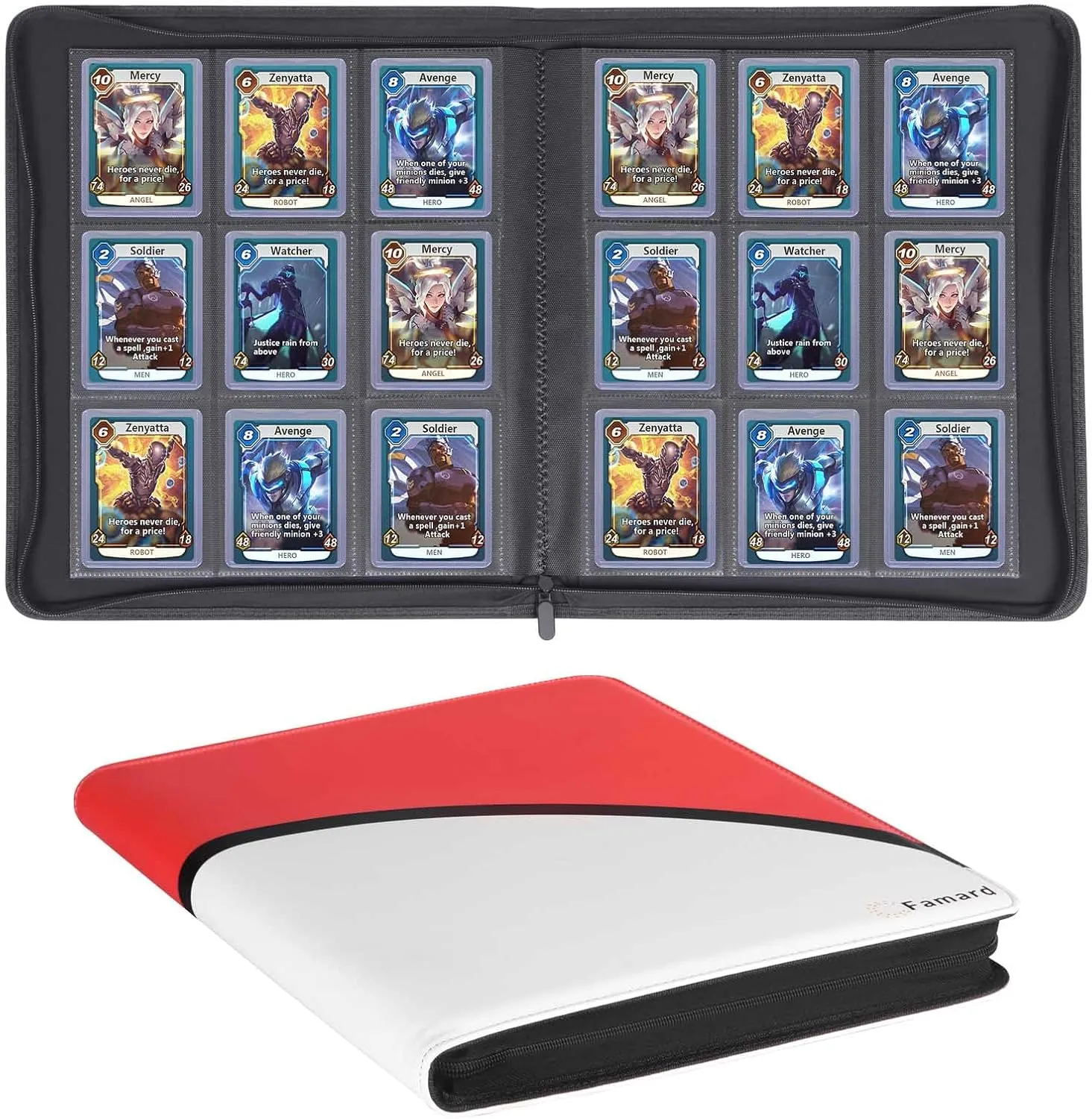 9-Pocket Toploader Binder, Top Loader Card Storage Album Compatible with 288 3"x4" Hard Plastic Card Sleeves (White-Red)