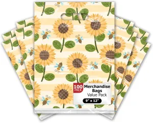 9x12 100 Count Sunflower and Bumble Bees Designer Retail Boutique Merchandise Bags with Die Cut Handles Premium Printed Shopping Bags For Small Business Shop Owners