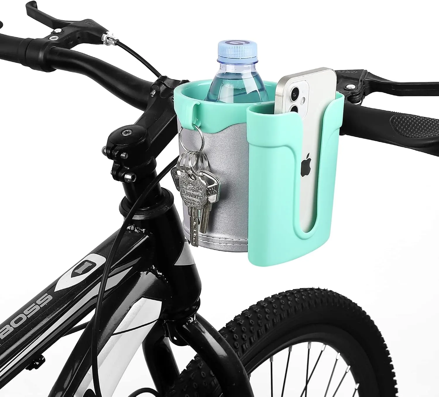 Accmor 3-in-1 Bike Cup Holder with Cell Phone Keys Holder, Bike Water Bottle Holders, Universal Bar Drink Cup Can Holder for Bicycles, Motorcycles, Scooters, Grey Green, 2 Pack