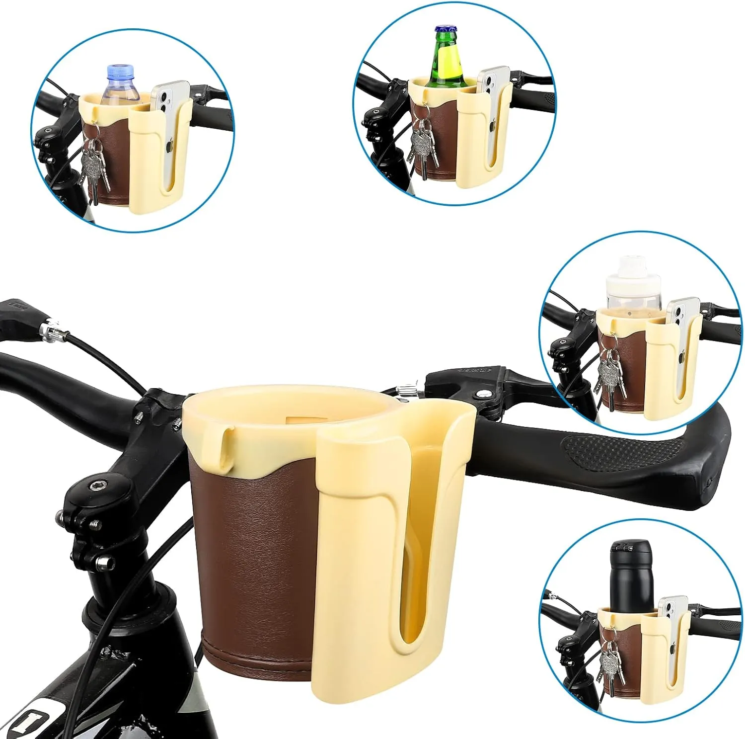 Accmor 3-in-1 Bike Cup Holder with Cell Phone Keys Holder, Bike Water Bottle Holders, Universal Bar Drink Cup Can Holder for Bicycles, Motorcycles, Scooters, Yellow Brown