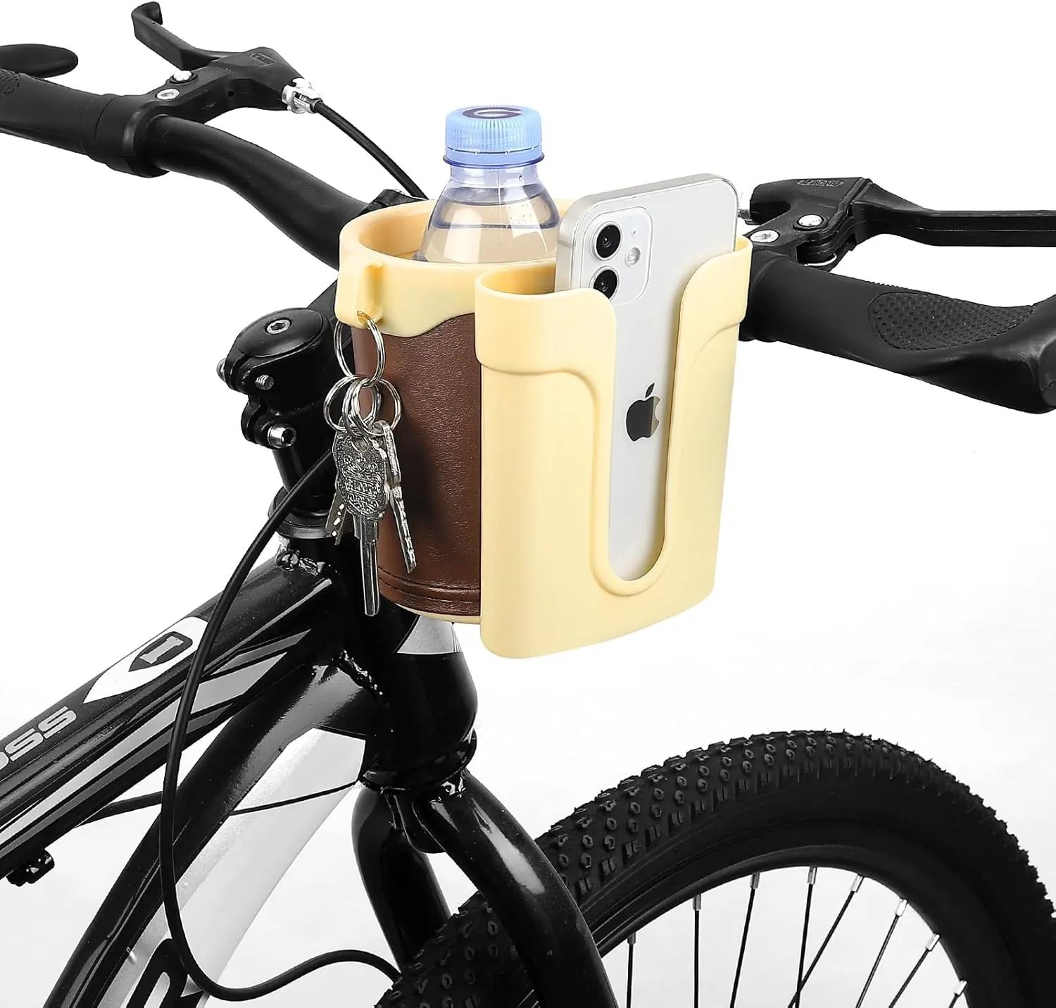 Accmor 3-in-1 Bike Cup Holder with Cell Phone Keys Holder, Bike Water Bottle Holders, Universal Bar Drink Cup Can Holder for Bicycles, Motorcycles, Scooters, Yellow Brown