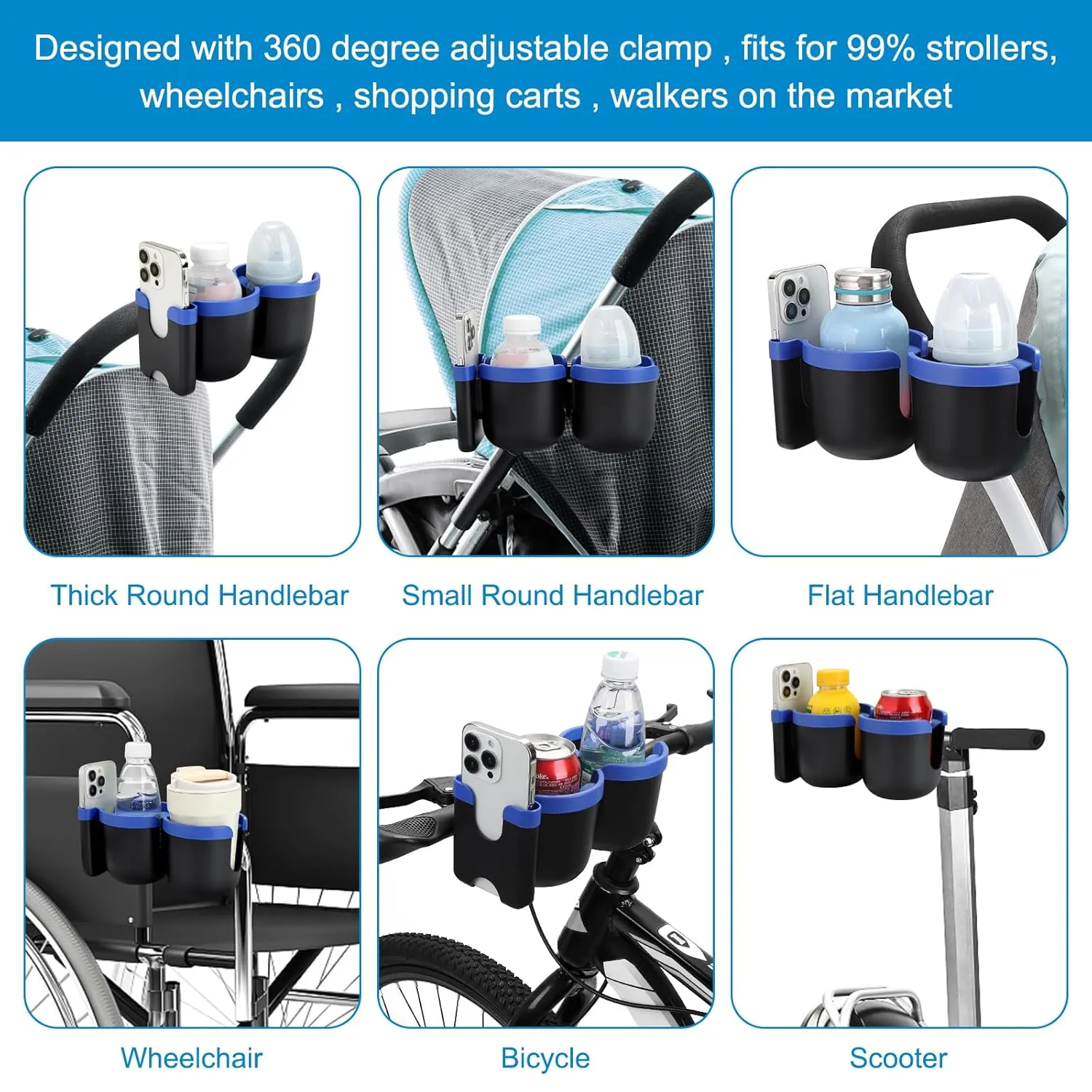 Accmor Stroller Cup Holder with Phone Holder, Bike Cup Holder, Universal Cup Holder for Uppababy Nuna Doona Strollers, 2-in-1 Cup Phone Holder for Stroller, Bike, Wheelchair, Walker, Scooter