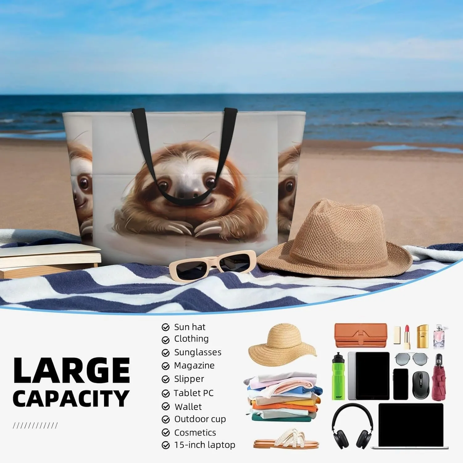 Adorable Sloth Beach Tote Bags For Women Travel Totes Bag Handbag With Zipper And Pockets For Travel Vacation
