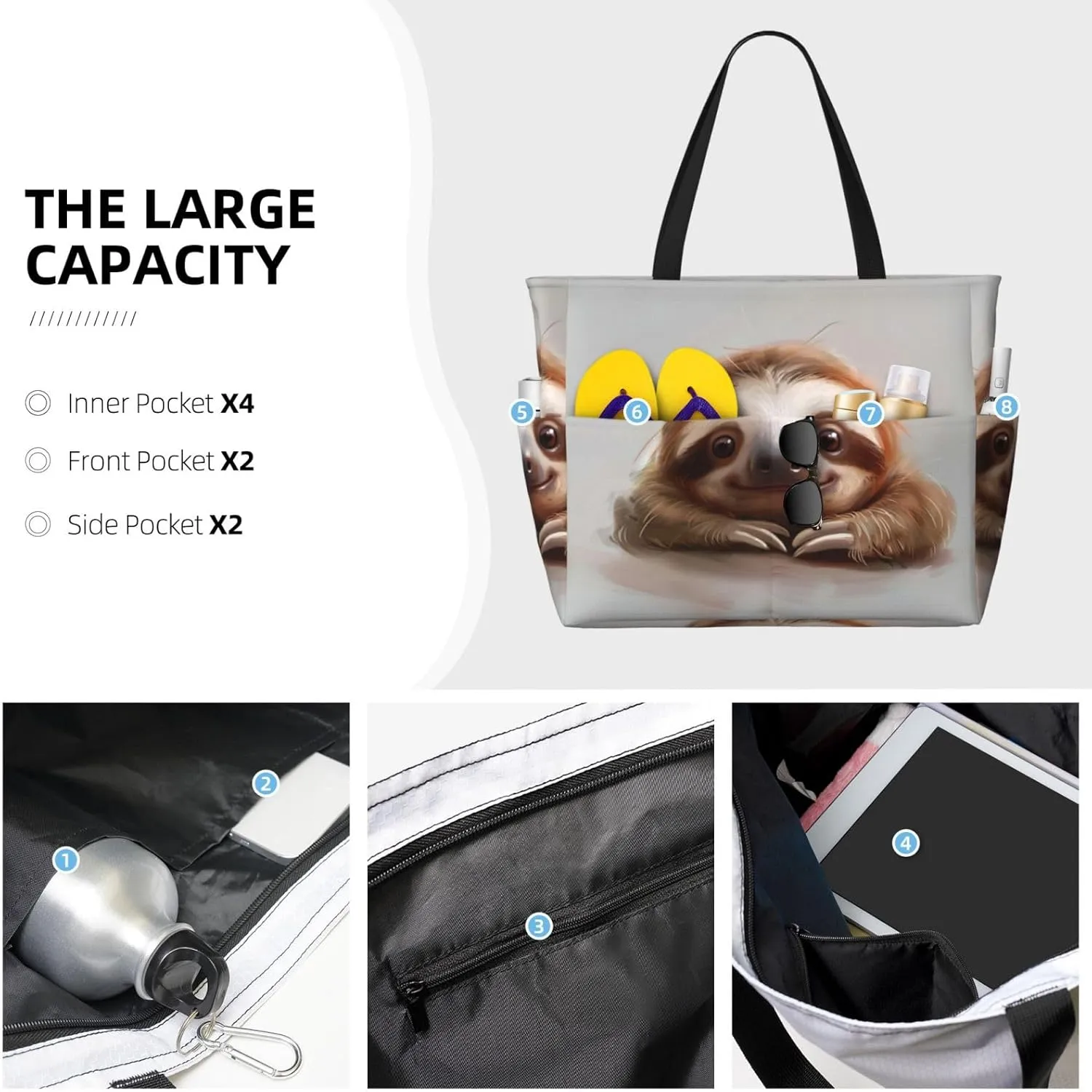 Adorable Sloth Beach Tote Bags For Women Travel Totes Bag Handbag With Zipper And Pockets For Travel Vacation