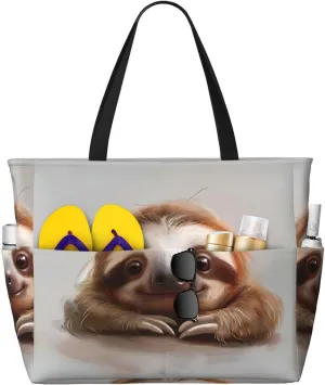 Adorable Sloth Beach Tote Bags For Women Travel Totes Bag Handbag With Zipper And Pockets For Travel Vacation