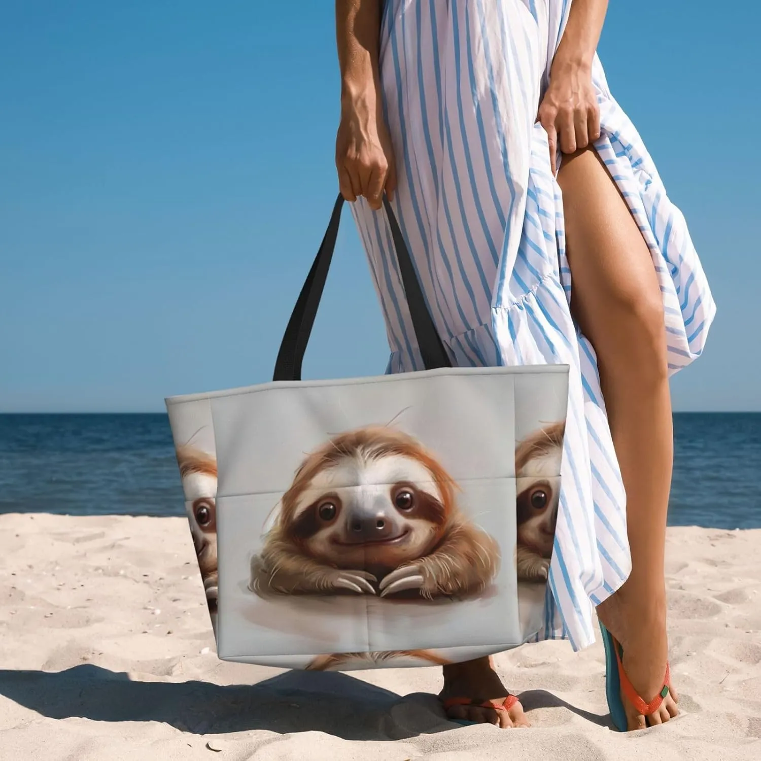 Adorable Sloth Beach Tote Bags For Women Travel Totes Bag Handbag With Zipper And Pockets For Travel Vacation
