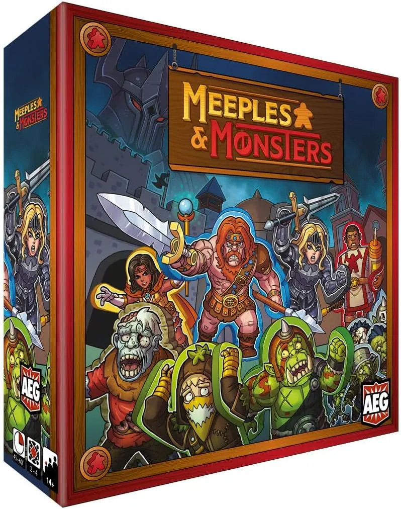AEG Meeples & Monsters | Fantasy Bag Building Strategy Board Game | Train Warriors, Clerics, Knights & Mages, Defend The Town | 2-4 Players | Ages 14 