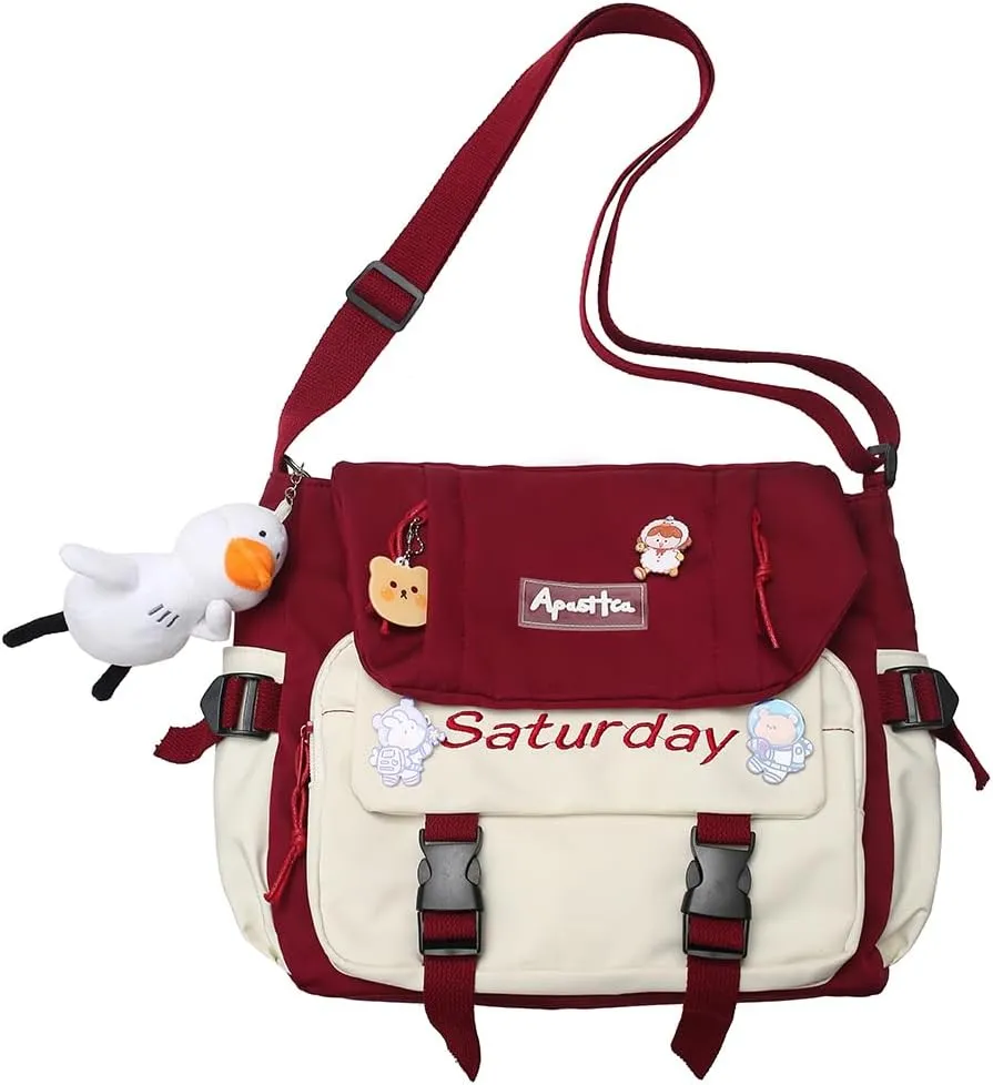 Aesthetic Messenger Bag with Stuffed Pendant and Pins Kawaii Shoulder Bag for Women Cute Japanese Ita Bag