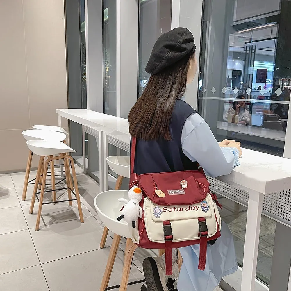 Aesthetic Messenger Bag with Stuffed Pendant and Pins Kawaii Shoulder Bag for Women Cute Japanese Ita Bag