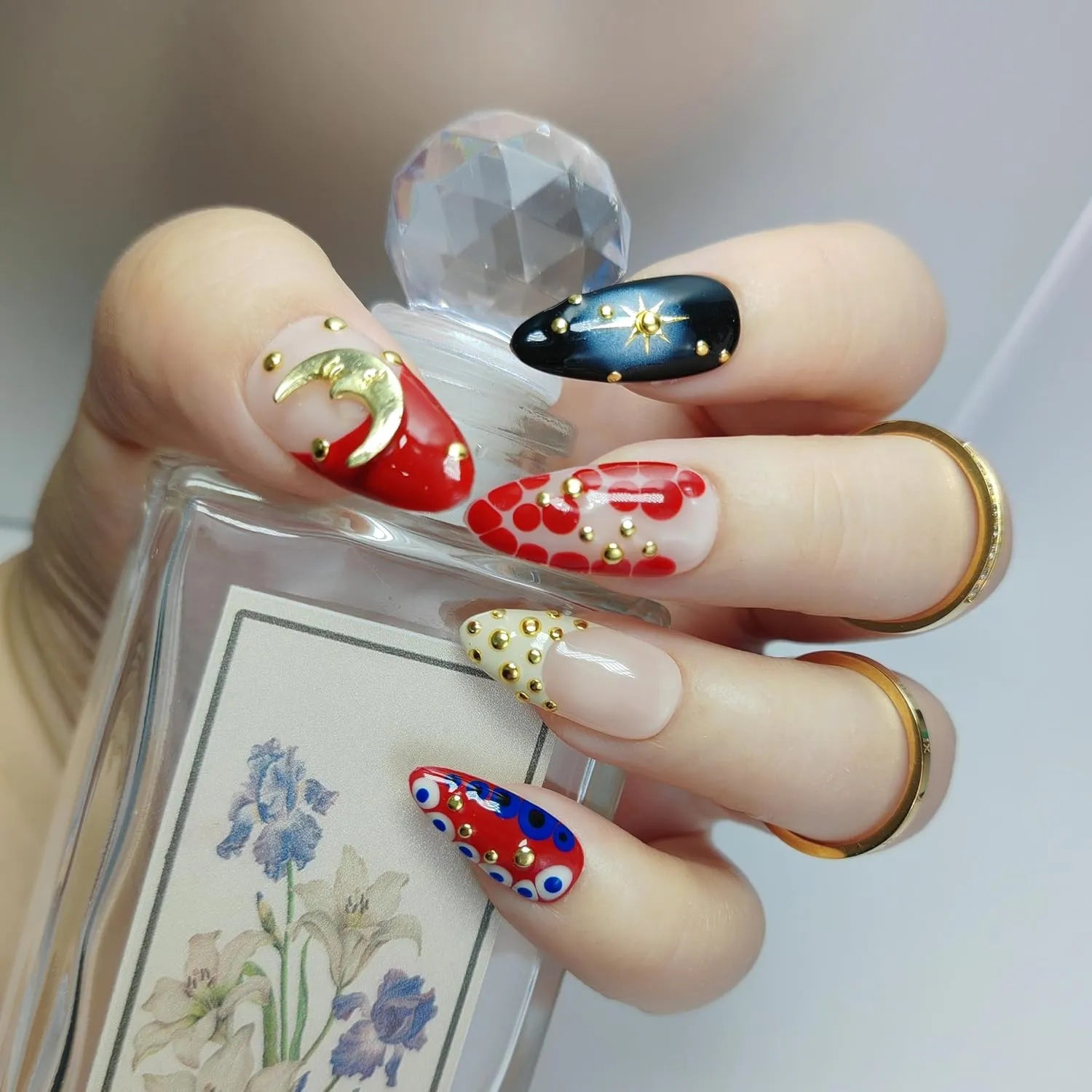 Almond Press on Nails Handmade Medium Long/Stiletto 3D Flower Fake Nail with Designs, Women Reusable False Nails (Moon Red, L)