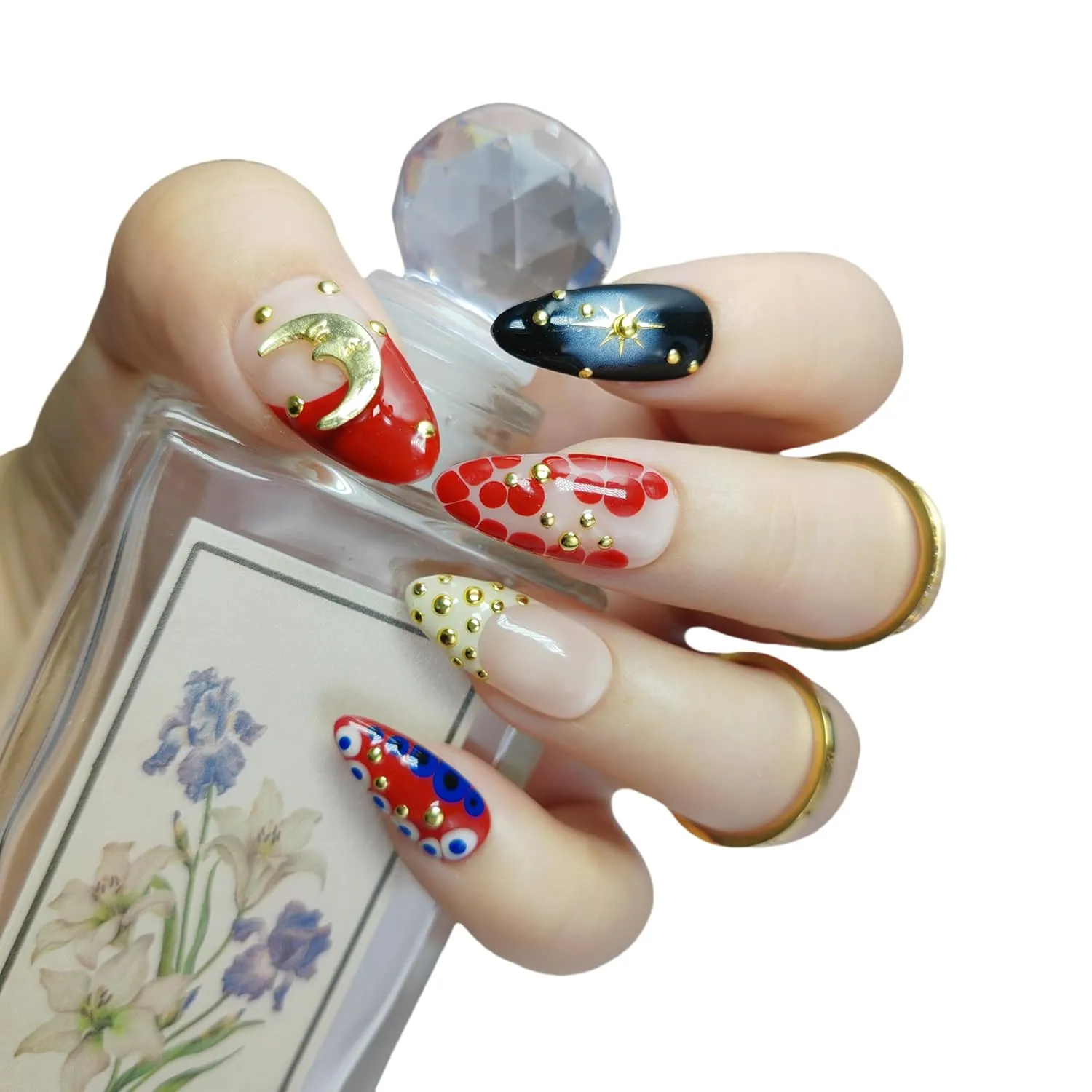 Almond Press on Nails Handmade Medium Long/Stiletto 3D Flower Fake Nail with Designs, Women Reusable False Nails (Moon Red, L)