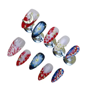 Almond Press on Nails Handmade Medium Long/Stiletto 3D Flower Fake Nail with Designs, Women Reusable False Nails (Moon Red, L)