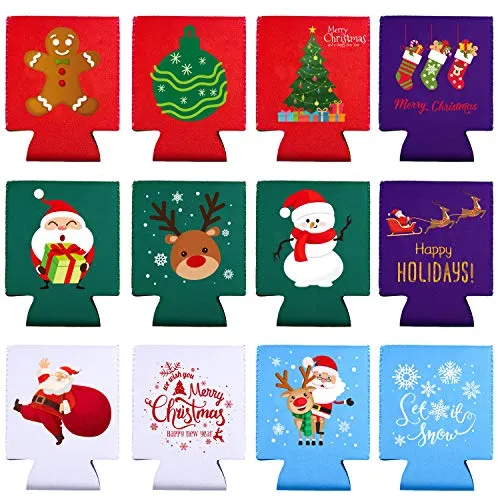 Aneco 12 Pack Christmas Can Sleeves Christmas Can Coolers Sleeves Holiday Theme Drink Holders 12 Festive Winter Designs Can Sleeves for Christmas Party