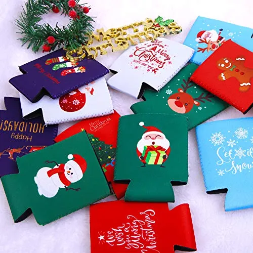 Aneco 12 Pack Christmas Can Sleeves Christmas Can Coolers Sleeves Holiday Theme Drink Holders 12 Festive Winter Designs Can Sleeves for Christmas Party