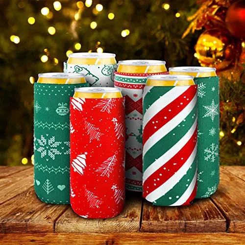 Aneco 12 Pieces Christmas Drink Can Sleeves Christmas Beer Can Sleeves Christmas Holiday Theme Can Coolers Sleeves Christmas Drink Holders for Christmas Party