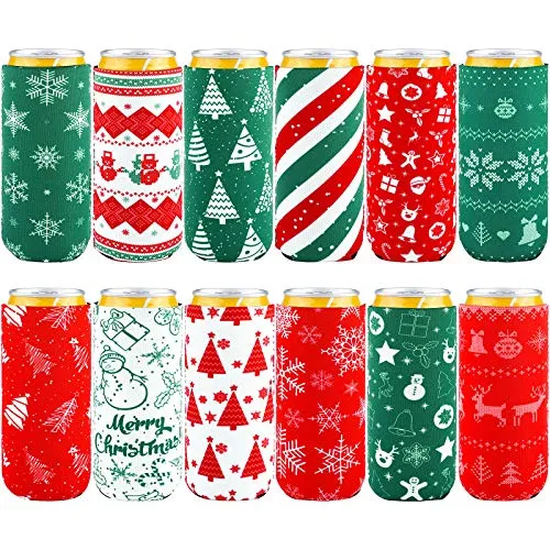 Aneco 12 Pieces Christmas Drink Can Sleeves Christmas Beer Can Sleeves Christmas Holiday Theme Can Coolers Sleeves Christmas Drink Holders for Christmas Party