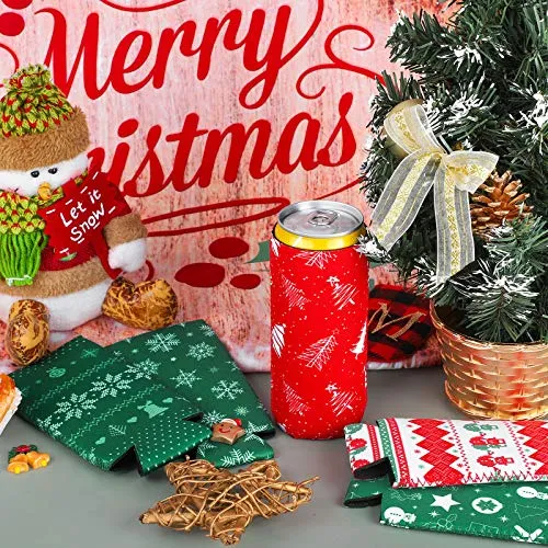 Aneco 12 Pieces Christmas Drink Can Sleeves Christmas Beer Can Sleeves Christmas Holiday Theme Can Coolers Sleeves Christmas Drink Holders for Christmas Party