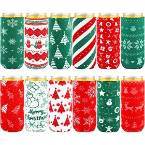 Aneco 12 Pieces Christmas Drink Can Sleeves Christmas Beer Can Sleeves Christmas Holiday Theme Can Coolers Sleeves Christmas Drink Holders for Christmas Party