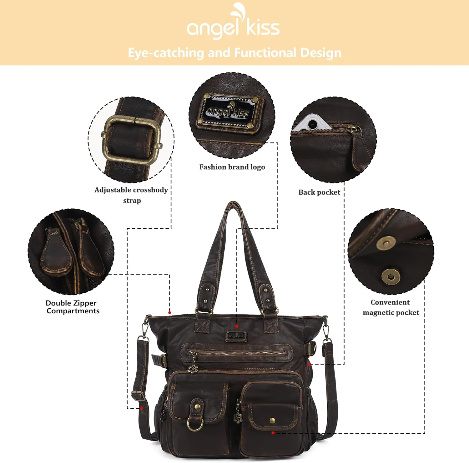 Angelkiss Purses Handbags for Women PU Tote Satchel Bags for Women Pockets Shoulder Bags…