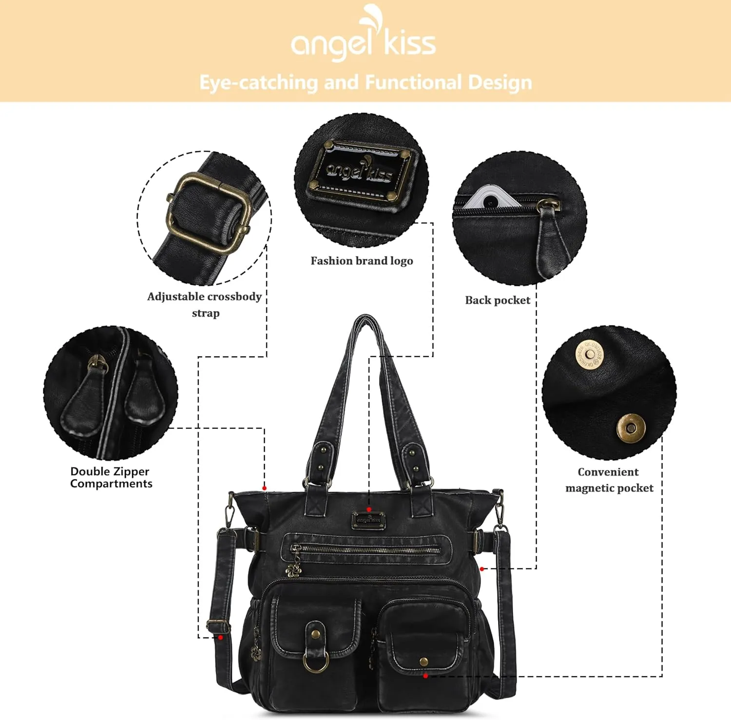 Angelkiss Purses Handbags for Women PU Tote Satchel Bags for Women Pockets Shoulder Bags…
