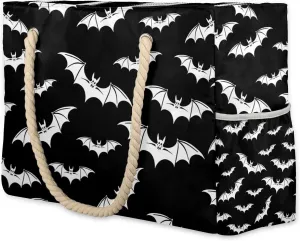 Animal Bat Large Beach Tote Bag Women Waterproof Sandproof Zipper Black White Beach Bag for Pool Gym Grocery Travel with Wet Pocket