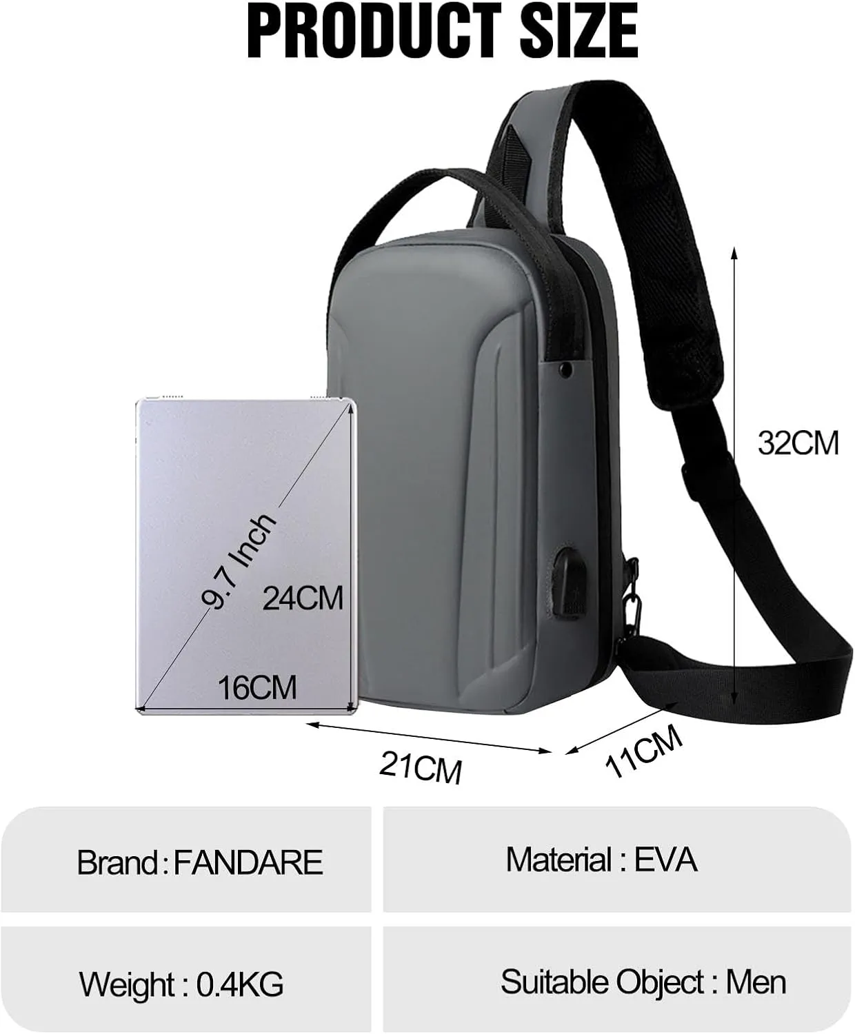 Anti-theft Men Sling Bag Crossbody Chest Messenger Pack with USB