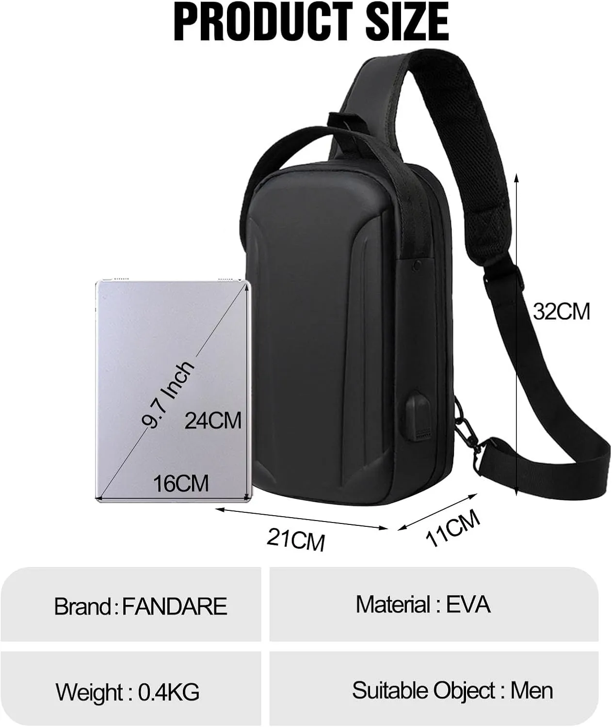 Anti-theft Men Sling Bag Crossbody Chest Messenger Pack with USB