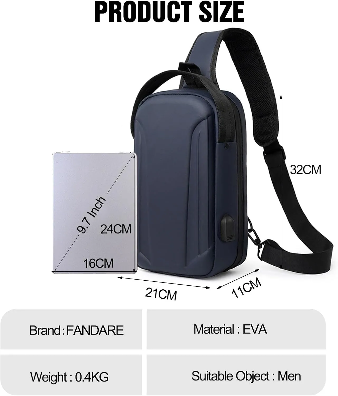 Anti-theft Men Sling Bag Crossbody Chest Messenger Pack with USB