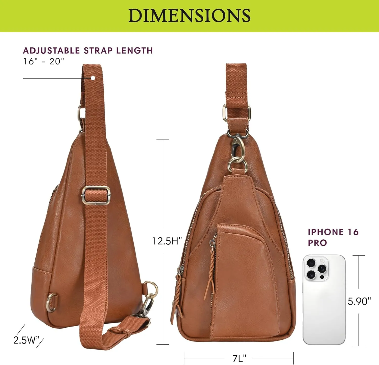 Antik Kraft Tasha Crossbody Sling (Tan) | Vegan Leather Crossbody Bag for Women with 16-20" Strap | Sling Bags for Women with Durable Antique Brass Hardware | 7in x 2.5in x 12.5in |