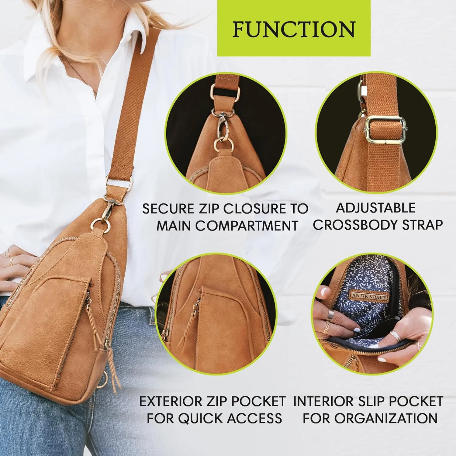 Antik Kraft Tasha Crossbody Sling (Tan) | Vegan Leather Crossbody Bag for Women with 16-20" Strap | Sling Bags for Women with Durable Antique Brass Hardware | 7in x 2.5in x 12.5in |