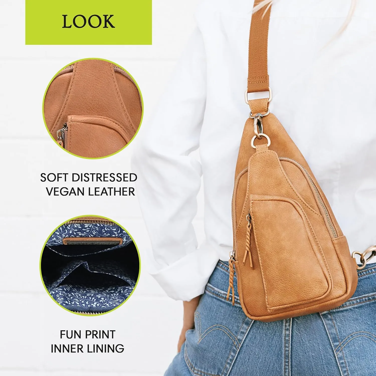 Antik Kraft Tasha Crossbody Sling (Tan) | Vegan Leather Crossbody Bag for Women with 16-20" Strap | Sling Bags for Women with Durable Antique Brass Hardware | 7in x 2.5in x 12.5in |