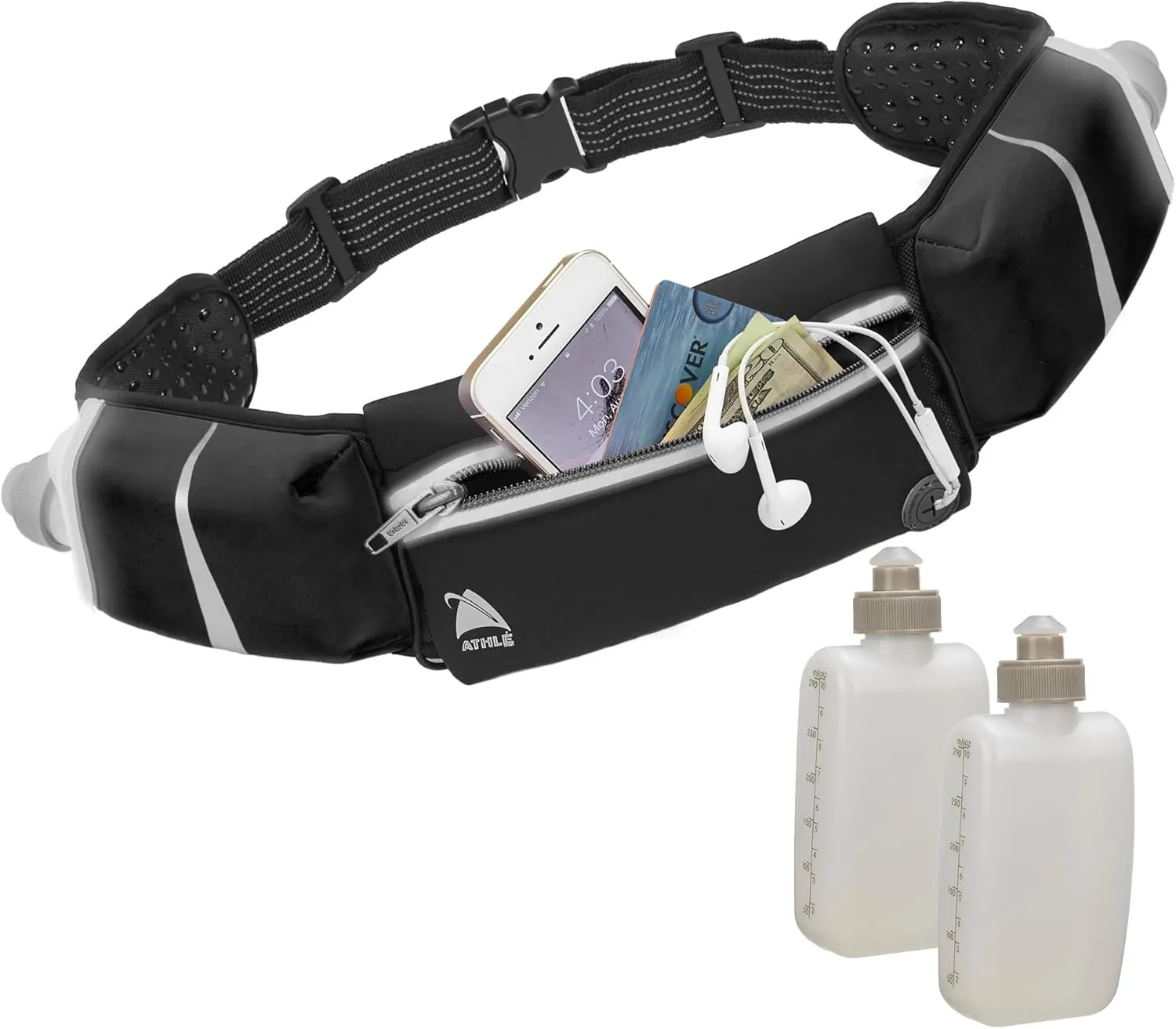 Athlé Running Belt - 2 10oz Water Bottles, Large Fanny Pack Pocket Fits All Phones and Wallet, Bib Fasteners, Adjustable One Size Fits All Waist Band, Key Clip, 360° Reflective
