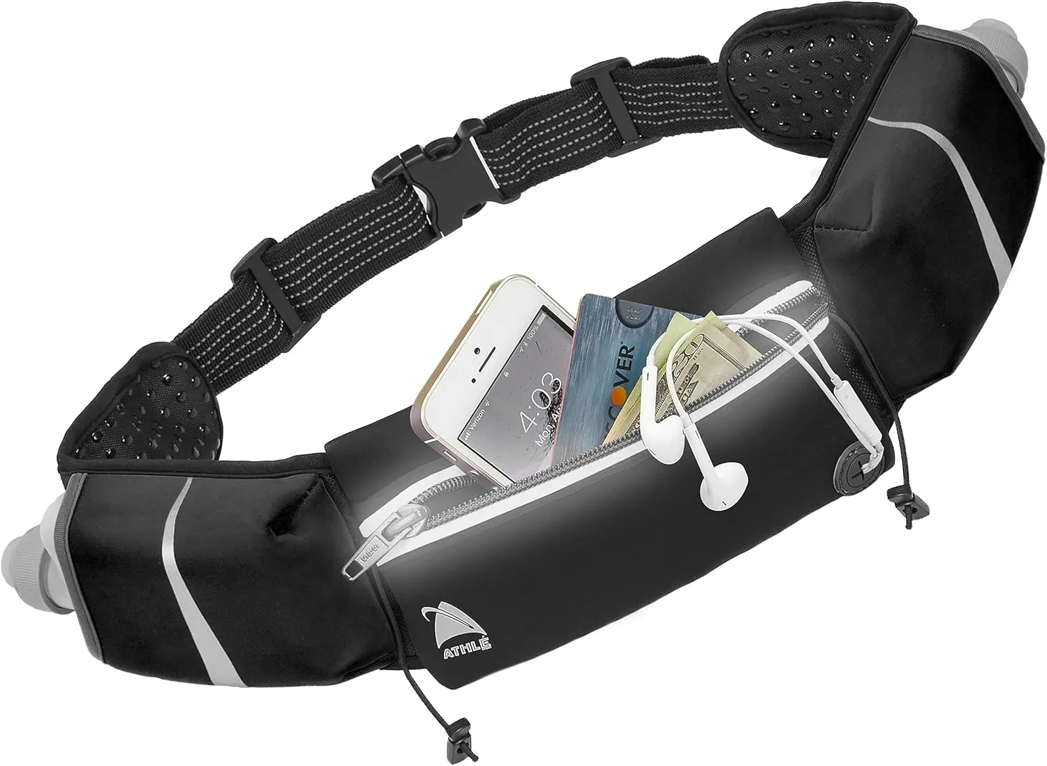 Athlé Running Belt - 2 10oz Water Bottles, Large Fanny Pack Pocket Fits All Phones and Wallet, Bib Fasteners, Adjustable One Size Fits All Waist Band, Key Clip, 360° Reflective