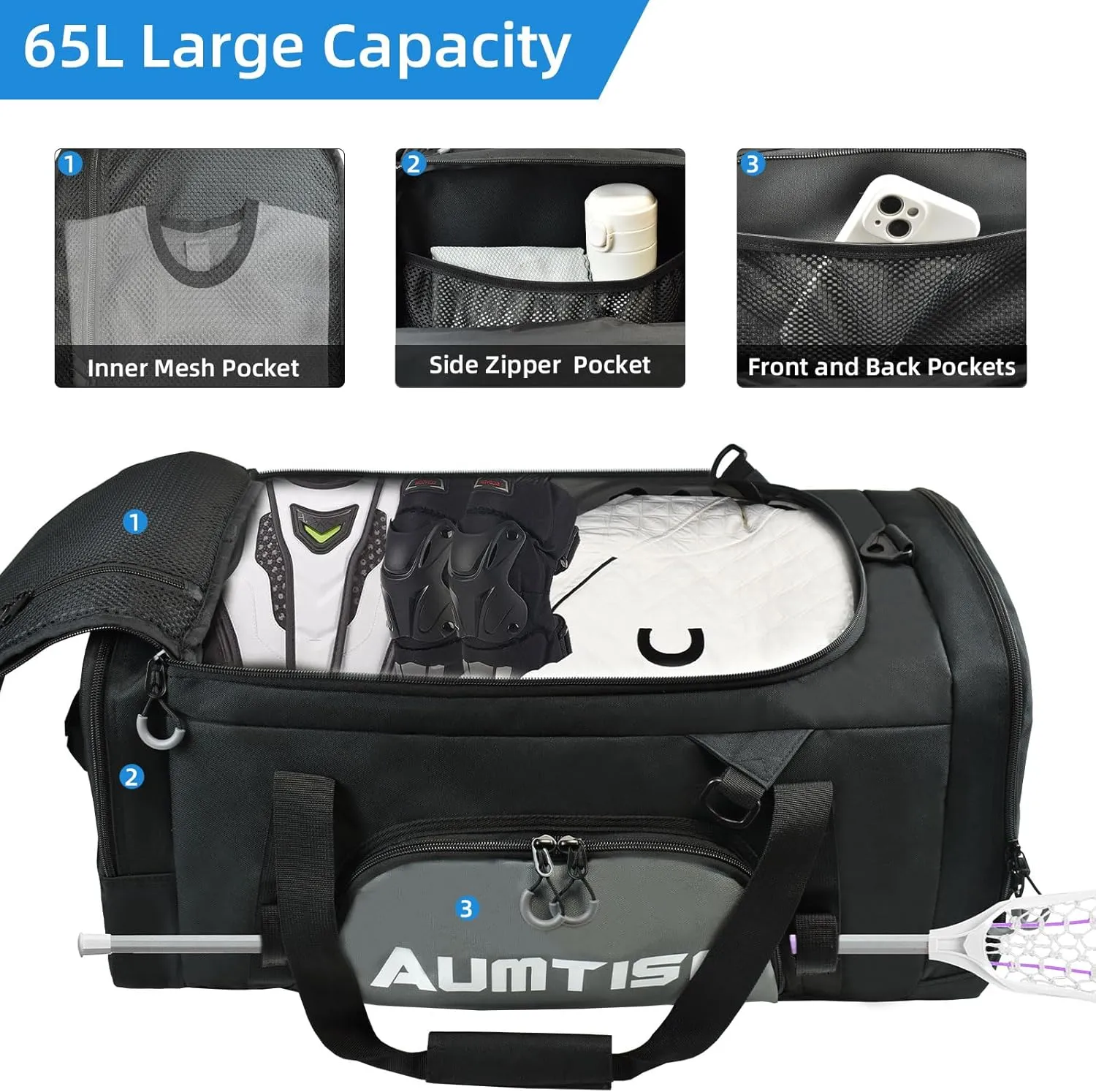 AUMTISC Lacrosse Bag Backpack 65L / 75L, 2 Stick Holders, Separate Cleats Compartment, Adjustable Shoulder Straps, Large Capacity to Holds All Lacrosse Equipment