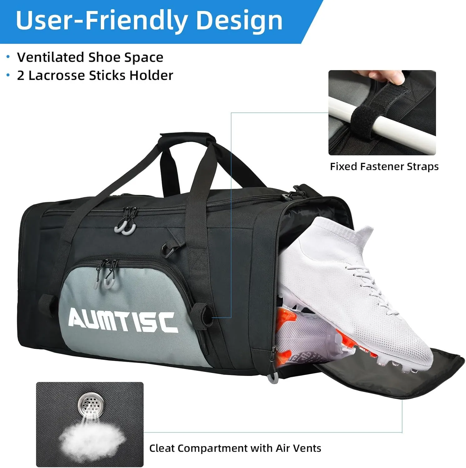 AUMTISC Lacrosse Bag Backpack 65L / 75L, 2 Stick Holders, Separate Cleats Compartment, Adjustable Shoulder Straps, Large Capacity to Holds All Lacrosse Equipment